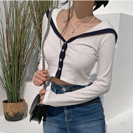 South Korea Spring and Summer New Elegant All-match Color Matching Navy Collar Short Figure Styliky All-match Long-sleeved T-shirt for Women