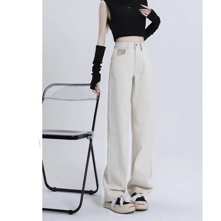 creamy-white Narrow Wide Leg Straight Jeans Women's 2024 Summer New High Waist Slimming chubby girl Drape Pants