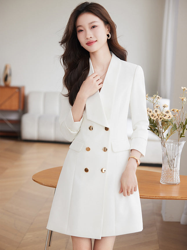 Cross-Border White Suit Dress for Women, High-End Waist-Cinching Double-Breasted Petite Mid-Length High-End Professional Work Dress