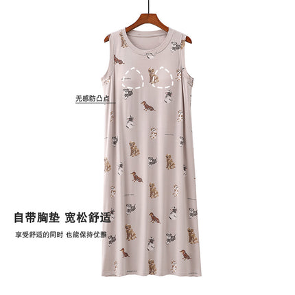 Cartoon Padded Cut-Sleeve Extended Nightgown for Women Summer Thin Printed Can Be Worn Outside Anti-Bump Pajamas Spring