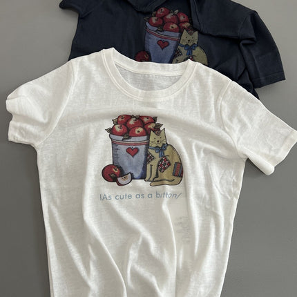 Apple Cat's Textured T-Shirt Summer New Round Neck Printed Casual Style Tee Loose Top Women's Versatile