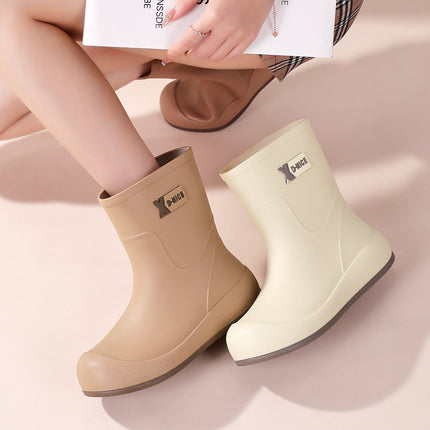 Casual White Campus Style Rubber Shoelaces, Waterproof Shoes, Rain Boots, Khaki Rain Boots, Urban Work Clothing Non-Slip Women's Water Boots
