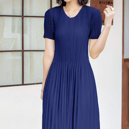 Miyake pleated 2025 summer new temperament round neck printed pleated skirt fashion waist thin magic dress