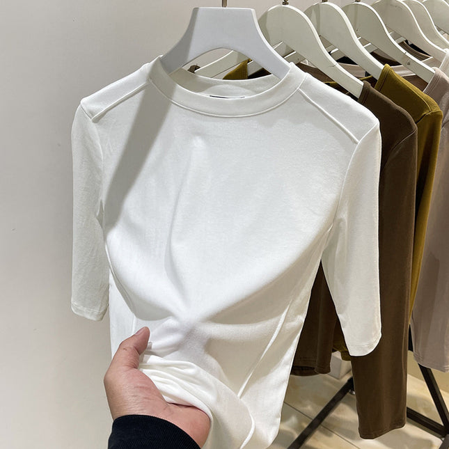 Fishbone Short-Sleeved T-Shirt for Women 2025 Spring New Design Sense of Design Slimming Look Elastic Mid-Sleeve Top T-Shirt