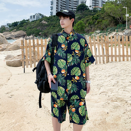 Cross-border 2023 Summer Beach Youth Color Printed Shirt Set Men's Multi-color Loose Shorts Shirt Set