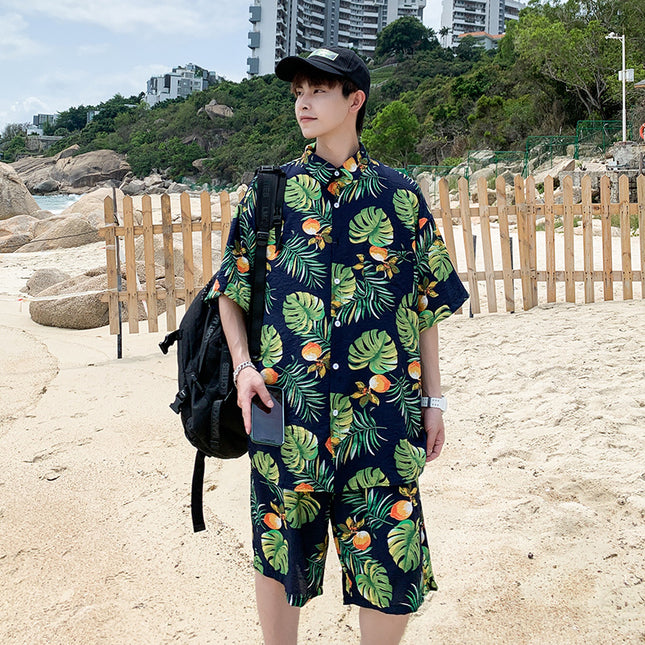 Cross-border 2023 Summer Beach Youth Color Printed Shirt Set Men's Multi-color Loose Shorts Shirt Set
