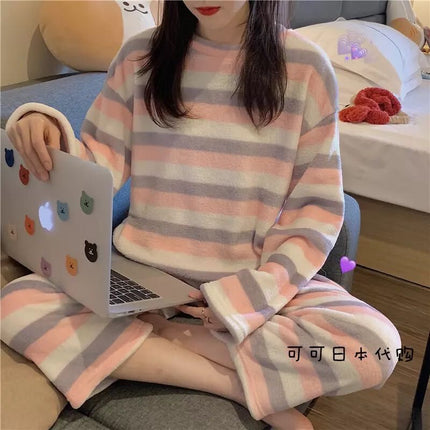 2024 New Autumn and Winter Coral Velvet Cartoon Stripesd Women's Pajamas Thickeneded and Wearable Home Wear Set
