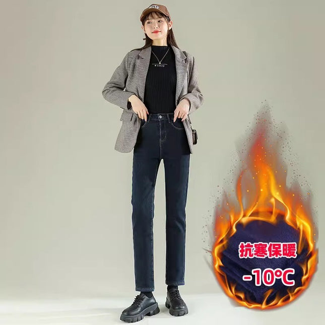 fleece-lined Thickened High Waist Straight Jeans Women's Autumn and Winter Fashion All-match New Slim Look Small fleece-lined Pipe Pants