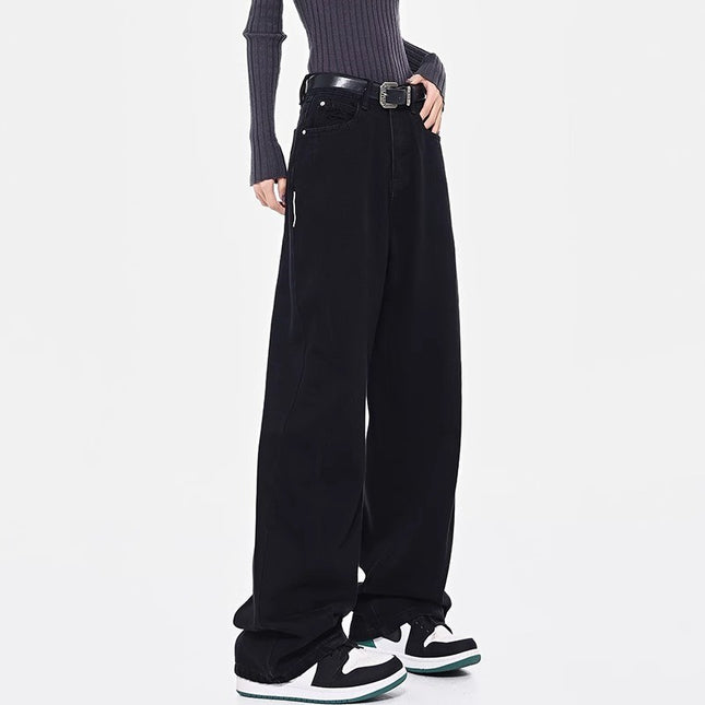 Black Straight-Leg Jeans for Women, Trendy Versatile New High-Waisted Slimming Plus-Size Casual Loose Drape Wide-Leg Pants