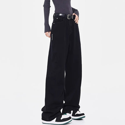 Black Straight-Leg Jeans for Women, Trendy Versatile New High-Waisted Slimming Plus-Size Casual Loose Drape Wide-Leg Pants