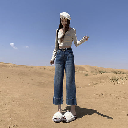 Attention Time Retro Cropped Jeans Children Autumn and Winter New High Waist Slimming French Stick Pipe Pants
