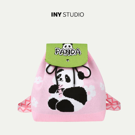 Grandpa Panda Cartoon Knitted Bag Women's Handbag Spring and Summer Popular Large Capacity Shoulder Drawstring Bag Versatile Backpack