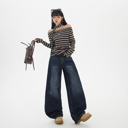 Raccoon House # American Retro Loose Wide-Leg Pants Autumn and Winter New Versatile Scimitar Pants Drapey Scimitar Floor-Length Jeans