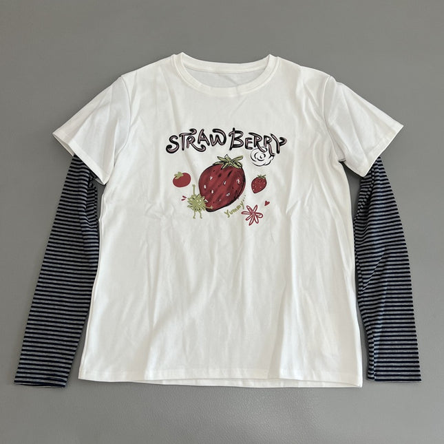 Brushed Strawberry Print Fake Two-Piece Long-Sleeved T-Shirt for Women Spring & Fall New Casual Versatile Round Neck Top to Look Slim and Reduce Age