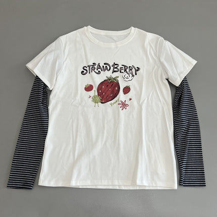 Brushed Strawberry Print Fake Two-Piece Long-Sleeved T-Shirt for Women Spring & Fall New Casual Versatile Round Neck Top to Look Slim and Reduce Age