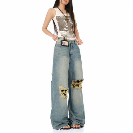 Raccoon House # 2025 Summer New Ripped Jeans Women's American Retro High Waist Loose High Street Drape Straight Pants