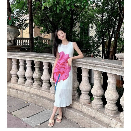 In Stock Miyake Dress Printed Elegant Elegant High-End Loose Slimming Look Elegant Round Neck Sleeveless Pleated Skirt