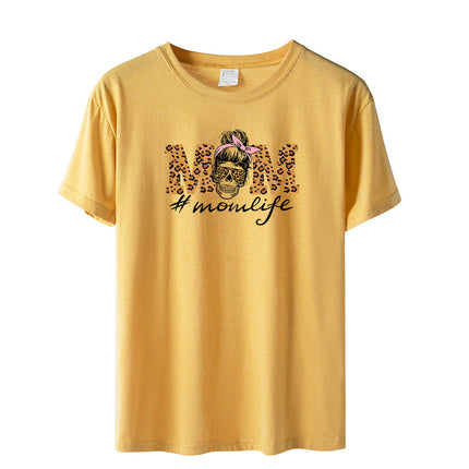 Amazon momlife Skull Leopard Print Sunglasses Mother's Day Gift Letter Print Casual Short Sleeve T-Shirt Women