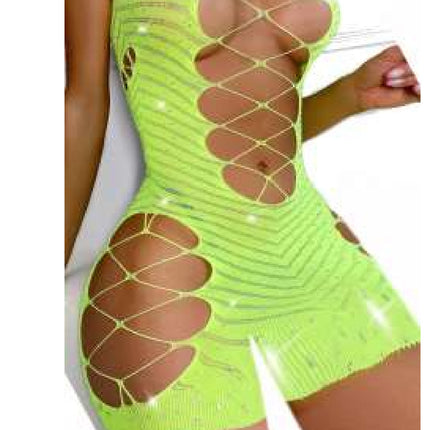 2025 Spring/Summer European and American Sexy Hollow Fishnet Rhinestone Backless Bodysuit Women's Ball Queen Sheer Nylon