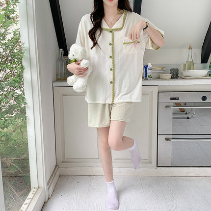 T Summer New Knitted Jacquard Cotton Flower Pattern Cute Casual Outfit Two-piece Home Clothes Women's Short Sleeve