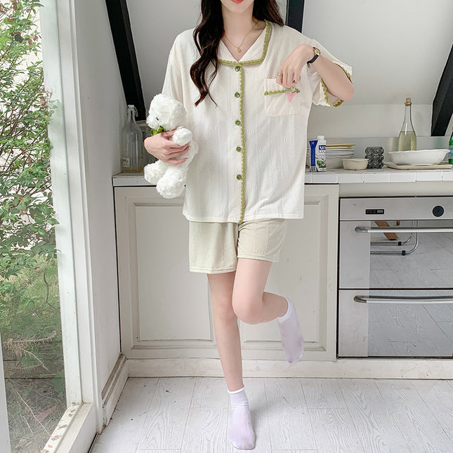T Summer New Knitted Jacquard Cotton Flower Pattern Cute Casual Outfit Two-piece Home Clothes Women's Short Sleeve
