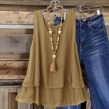 European and American Cross-Border 2025 Amazon Temu Foreign Trade Summer New Solid Color Sleeveless U-Neck Fake Two-Layer T-Shirt Women's Clothing