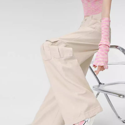 Loose Casual Overalls Women's New Design Sense High Waist Slimming Pocket Workwear Wide Leg American Style Retro Mop Pants