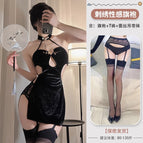 Black cheongsam + black lace garter stockings / S