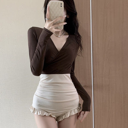 Women's One-piece swimsuit 2024 New slimming Net red style long sleeve conservative high-grade retro hot spring