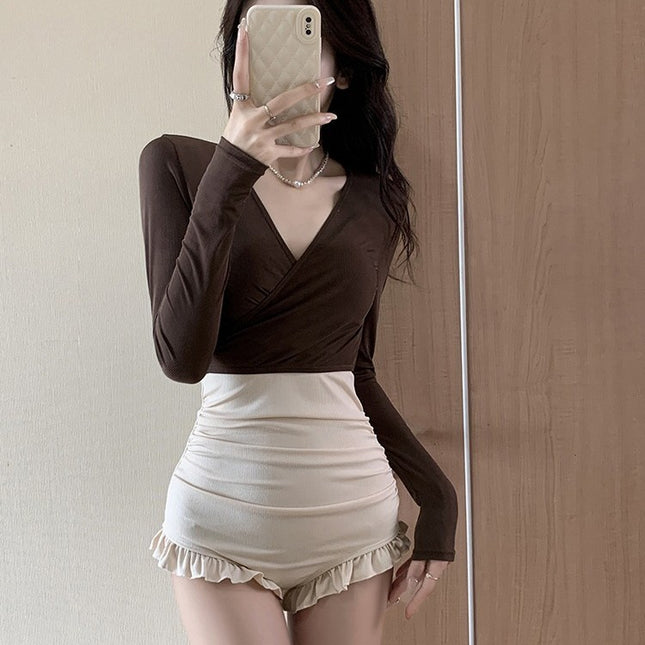 Women's One-piece swimsuit 2024 New slimming Net red style long sleeve conservative high-grade retro hot spring