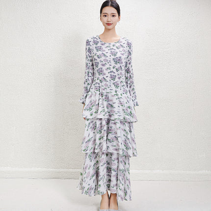 Black Crewneck Long Sleeve Floral Waist French Long Dress 2024 Autumn and Winter New Pleated Printed Cake Dress dress