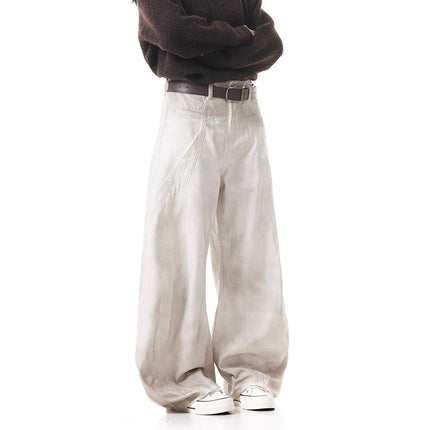 American Retro Dirty Dye Spray-Painted Design White Scimitar Jeans for Men and Women New Loose Versatile Wide-Leg Pants