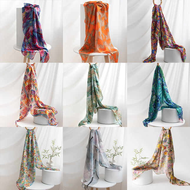 Autumn New Arrival Mulberry Silk Scarf for Women, Green Small Floral Shawl, Long Silk Scarf, Ready for Wholesale