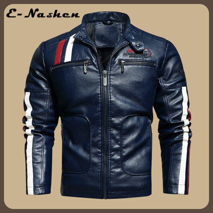 Men's Leather Jacket Autumn and Winter Motorcycle Leather Racing Suit Color Matching Embroidered Motorcycle Pu Jacket Windproof Cotton Jacket