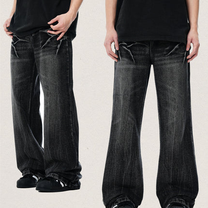 11KN American Retro High Street Lightning Crack Washed Jeans Old Cat Whiskers Loose Micro-pants Jeans
