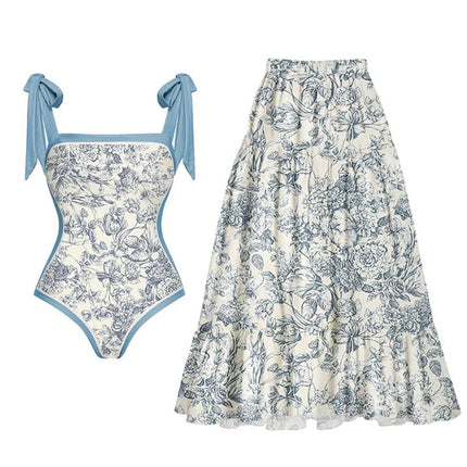 2024 European and American New Style one-piece Swimsuit Lace-up Small Fresh Floral one-piece Swimsuit and Umbrella Skirt Set 2389
