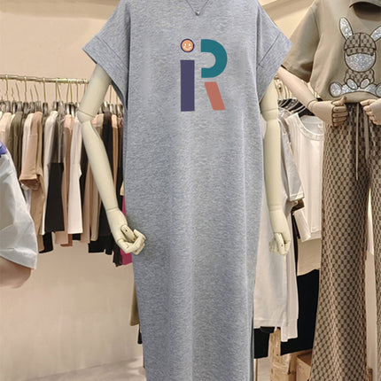 plus size Short-sleeved Cotton Mid-length Dress Women's 2025 Summer New All-match Loose Long Dress Flying Sleeve Split dress