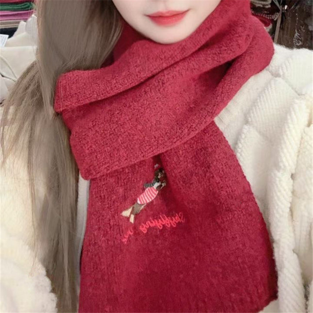 Autumn and Winter Warm Scarf for Women Japanese Style Cute Puppy Embroider Knitted Cold-Proof Fashion Versatile High-End Scarf for Students