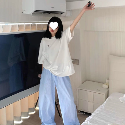 Blue Striped Loose Slimming Wide-Leg Pants for Women Summer Versatile Lazy Floor-Length Casual Sweatpants