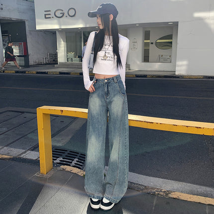 2025 Spring New American Style Retro Scimitar Wide Leg Jeans Women's High Waist Straight Loose Slim-fit Mop Pants