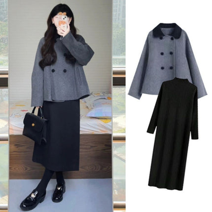 plus size chubby girl autumn and winter women's French Hepburn wind woolen cloth coat knitted sweater dress two-piece suit 200kg