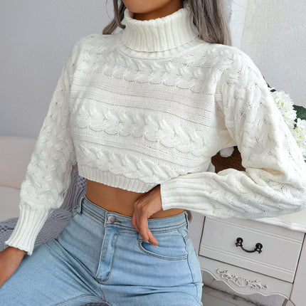Clearance Sale Real Photos Autumn and Winter European and American Casual Cable Knit Long-Sleeve High-Neck Cropped Sweater Independent Site Cross-Border Women's Clothing