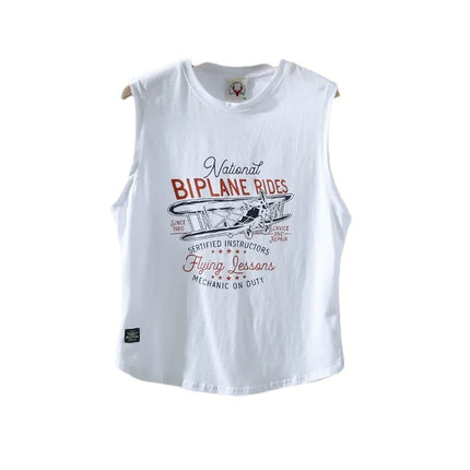 Summer Trendy Brand American Style Retro Style Printed Washed Cotton Crewneck Vest Men's Sports Leisure Sleeveless T-shirt Men's Clothing