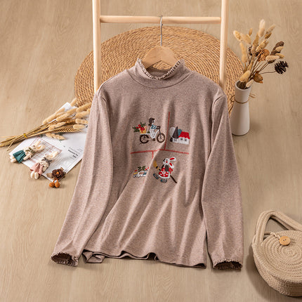 8177 Mori Style Sweet Embroidered High Neck Stretch Long Sleeve Base Shirt Loose All-match Cotton Slim Inner Top