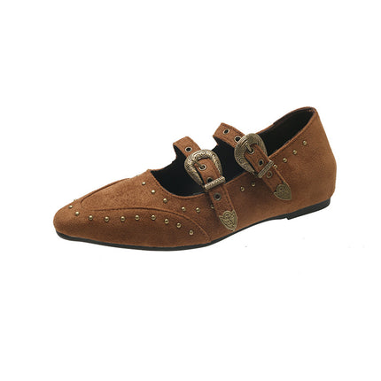 Retro Fashion Pointed Toe Brown Shoes for Women 2025 Autum New Versatile Rivet Flats Shallow Mouth Mary Jane Shoes