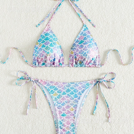 2024 new hot mermaid printed halter swimsuit split female AliExpress sexy beach swimsuit bikini