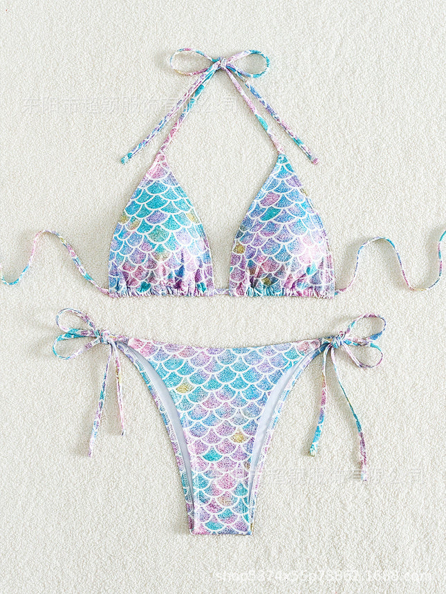 2024 new hot mermaid printed halter swimsuit split female AliExpress sexy beach swimsuit bikini