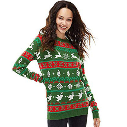 2025 Autumn and Winter European and American Christmas Pullover Jacquard Sweater Christmas Elk Snowflake Element Round Neck Knitted Couple Outfit