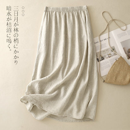 Real Shot of Japanese Style 2025 New Summer Linen Skirt with Elastic Waist, Loose Mid-Length A-Line Retro Simple Skirt
