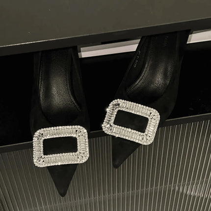 Ready Stock, Dropshipping Available~ Stunning Women's Single Shoes with Diamond Buckle, Elegant Pointed Toe, Shallow Mouth, Comfortable for Feet, Suitable for Commuting, High-Heeled Shoes